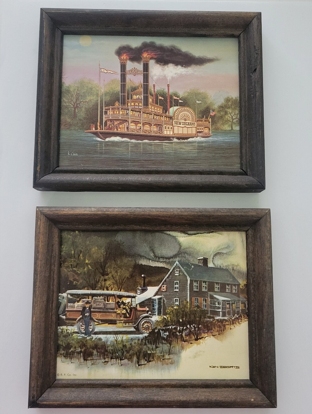 Signed Lot of 2 Framed Steamboat Prints Realism Nautical Landscape Cottagecore